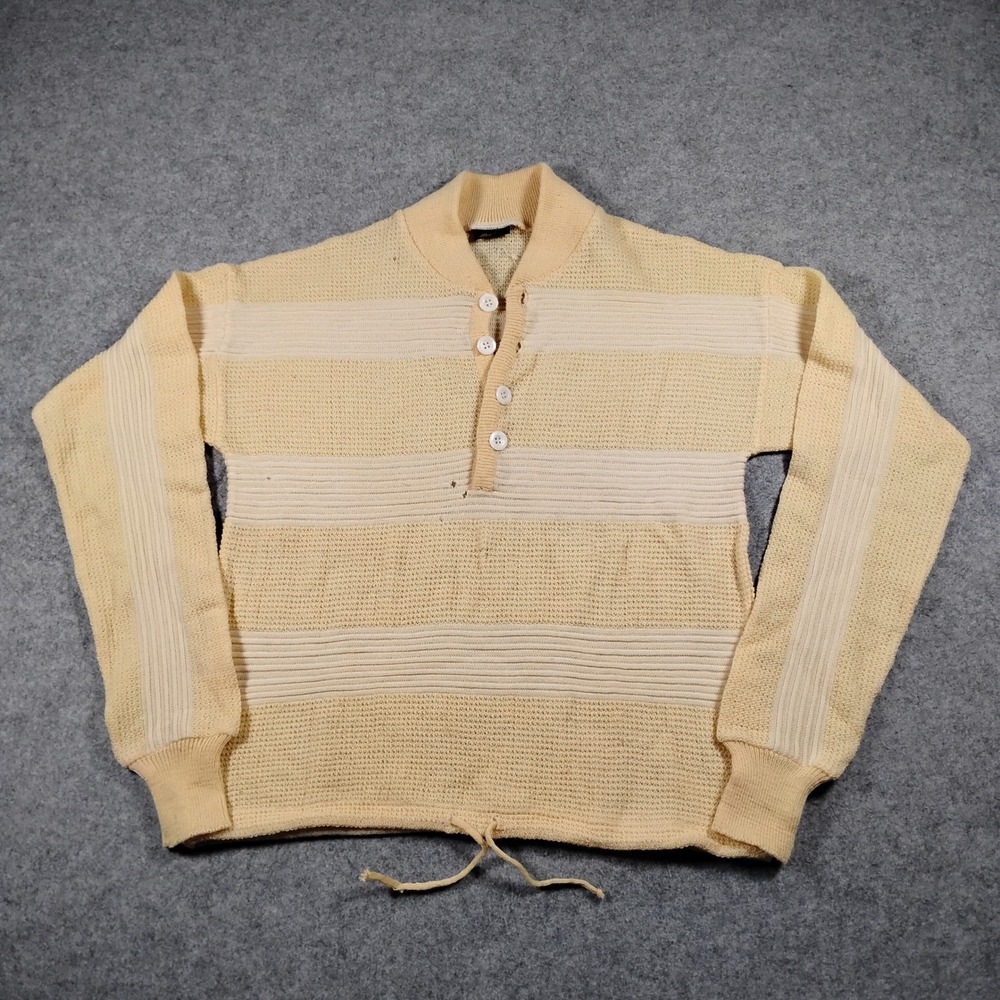 Rolls Vintage Italian Wool Blend Striped Henley Sweater Cream Yellow Mens M